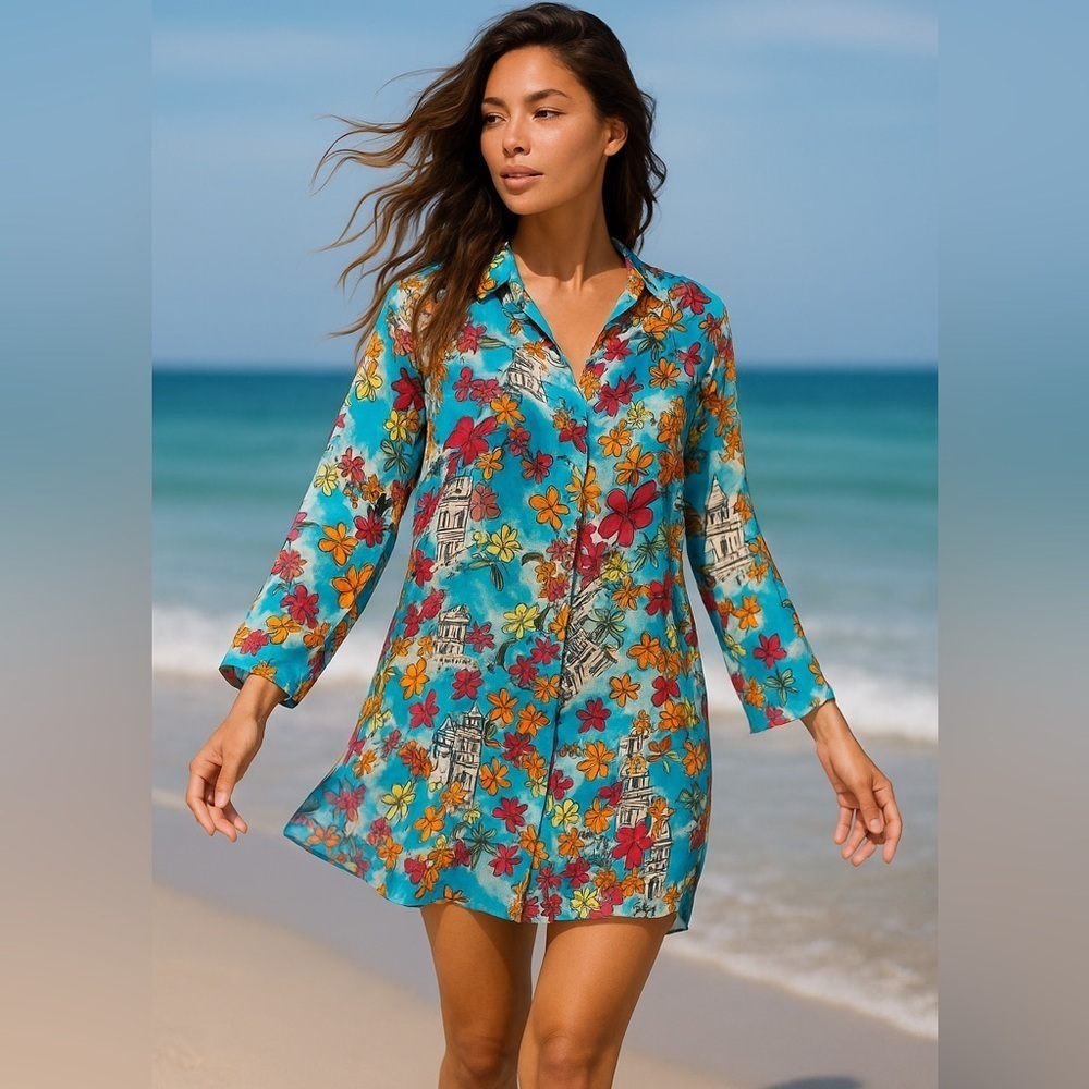 Marsh Landing 100% Silk Sheer Floral Coastal Tunic Dress Cover-Up XL